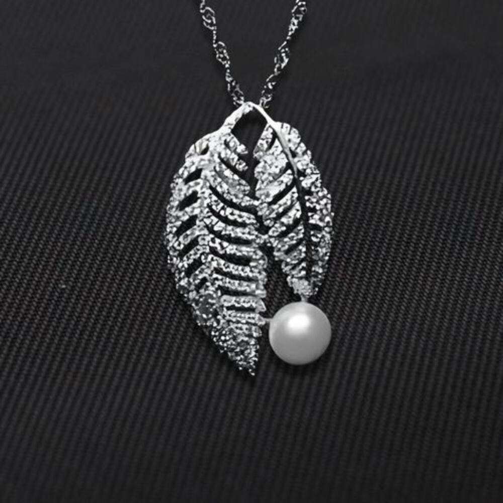 Double Leaves Necklace Cubic Zirconia Natural Pearl Pendant Sterling Silver NWT